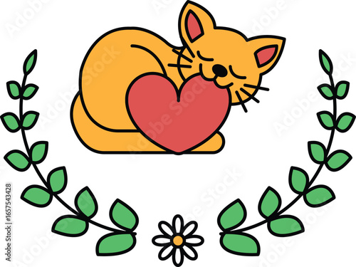A cat is sleeping with a heart on its chest