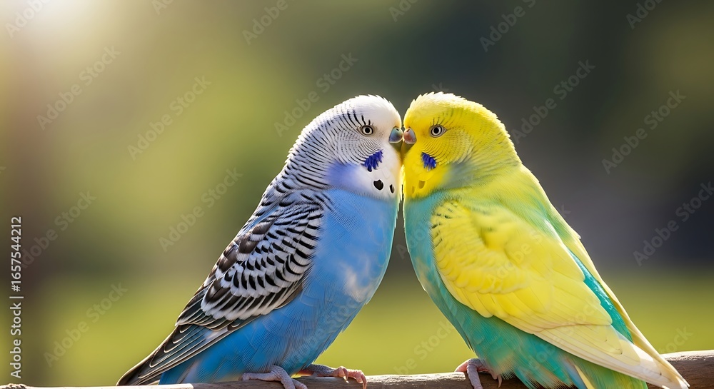 Naklejka premium Two budgerigars sharing a tender moment outdoors on a branch