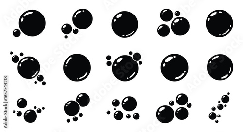 Black bubbles of various sizes on a white background in a vector illustration silhouette