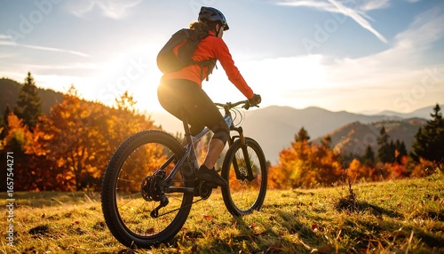 Woman riding mountain bike on grassy hill at sunset in autumn landscape recreation