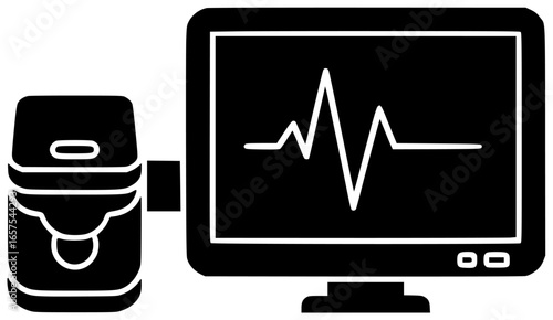 Oximeter on a patient's finger and doctor using medical equipment in hospital room nearby monitor