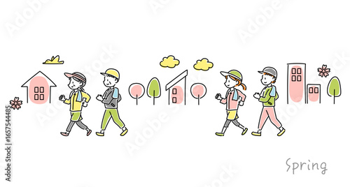 春にウォーキングをする男女のベクターイラスト