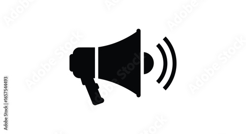 A black icon of a megaphone with sound waves on a white background silhouette
