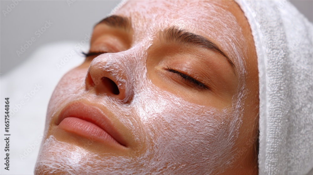 Naklejka premium Close-up of a young woman with clear, glowing skin receiving a facial treatment in a spa setting, wrapped in a towel with a relaxed expression