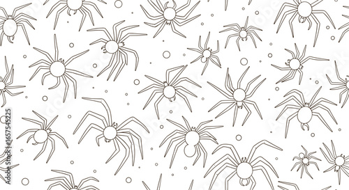 A white seamless pattern featuring numerous outline drawing style spiders with bubbles scattered across the surface