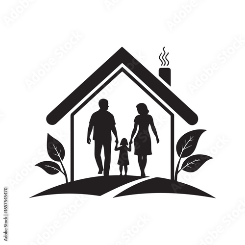 Family silhouette inside a house with leaves and smoke vector
