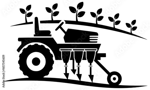 Transplanter tool in farm field with agriculture equipment machinery and rural landscape gear