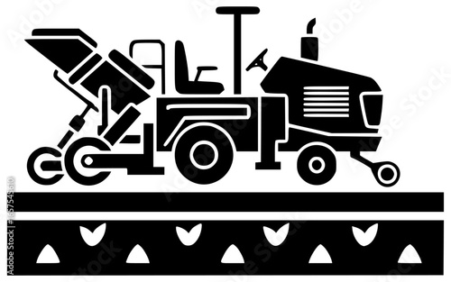 Transplanter tool in farm field with agriculture equipment machinery and rural landscape gear