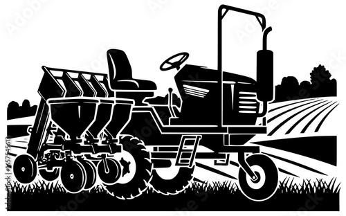 Transplanter tool in farm field with agriculture equipment machinery and rural landscape gear