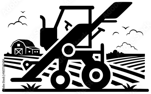 Transplanter tool in farm field with agriculture equipment machinery and rural landscape gear