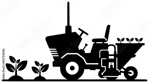 Transplanter tool in farm field with agriculture equipment machinery and rural landscape gear