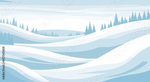 Serene winter landscape with gentle snow-covered hills and evergreen trees under a pale sky