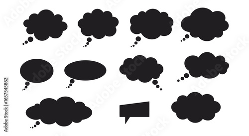 Collection of various black speech bubbles and thought clouds on white background silhouette