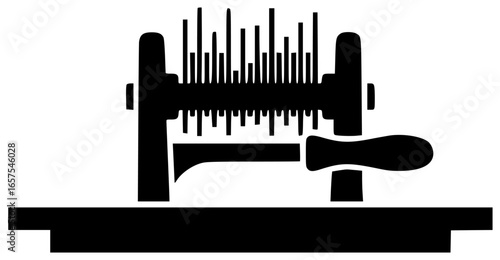 weaver tool on a table with threads and yarn near a loom in a workshop room