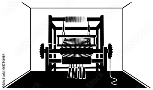 weaver tool on a table with threads and yarn near a loom in a workshop room