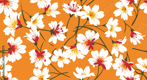 Vibrant orange background with delicate white cherry blossoms and red accents flourishing in a whimsical springtime floral pattern