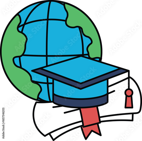 A globe with a cap and a book on it