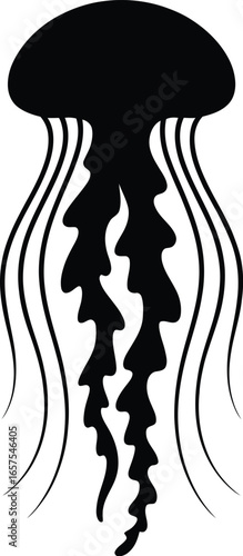 Black jellyfish silhouette with flowing tentacles white