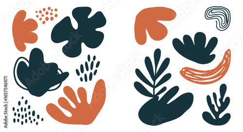 Abstract shapes and leaves in orange and dark blue on white background silhouette