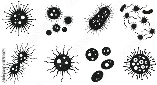 Collection of various bacteria and microorganisms in different shapes and forms silhouette