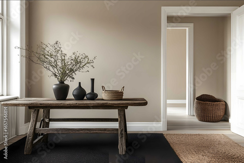 A Scandinavianstyle interior with minimalist decor including an old wooden table and chair in the center of the room on a dark gray carpet natural vases black acce