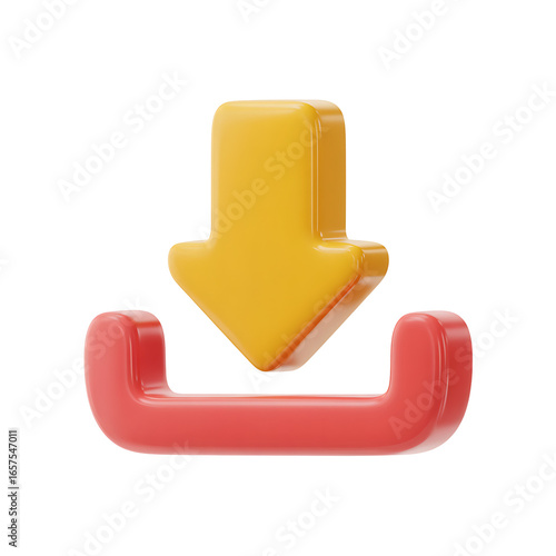 3d render of download icon with yellow arrow and red tray on transparent background