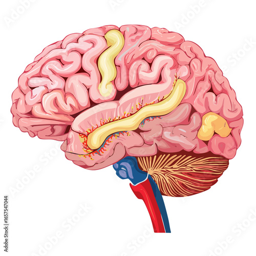 Vector Human brain anatomy illustration showing key structures.