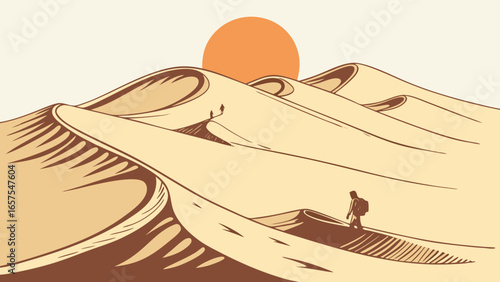 Illustration of a desert landscape with sand dunes, a setting sun, and a figure walking across the sand, leaving footprints
