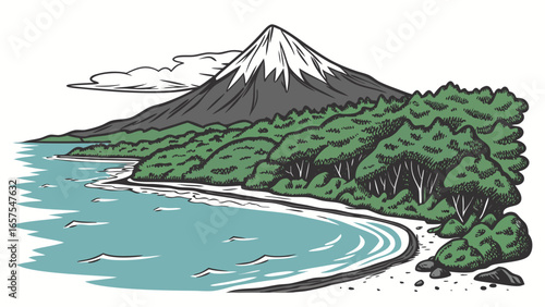 Illustration of a mountain landscape with a sea coast, beach, and forest, showcasing nature scenery and outdoor travel