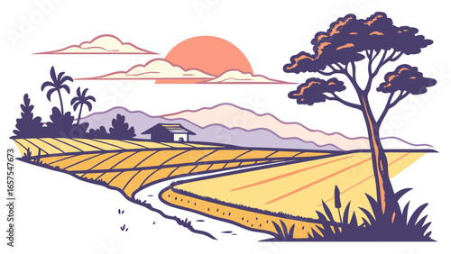 Illustration of a rural landscape with rice fields, mountains, a river, and a sunset