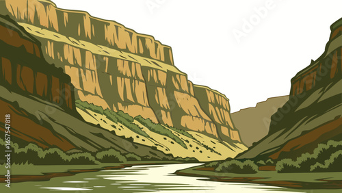 Vector art of a breathtaking view of a grand canyon with a flowing river, a testament to natures artistry
