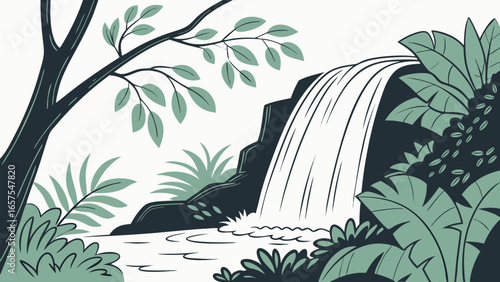 Vector art of a beautiful waterfall cascading down a rocky cliff surrounded by lush tropical vegetation and a tree