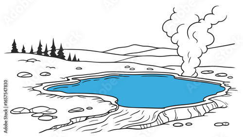 Vector art of a geothermal hot spring with steam rising, surrounded by rocks and trees, a natural wonder and tourist attraction