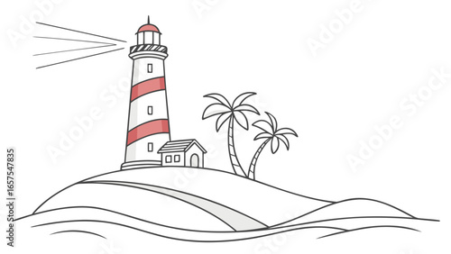 Vector art of a charming lighthouse stands tall on a tropical island, a beacon of hope