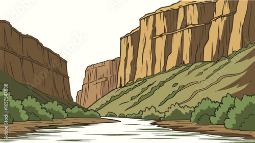 Vector art of a majestic canyon with a winding river, a testament to the power of nature