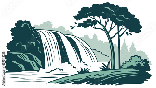 Vector art of a picturesque waterfall cascading down a rocky cliff surrounded by lush vegetation and a majestic tree
