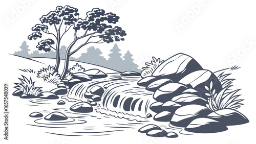 Vector art of a picturesque waterfall cascading over rocks in a serene natural landscape