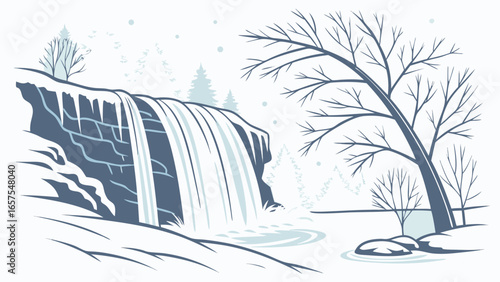 Vector art of a picturesque winter scene with a frozen waterfall, snowcovered trees, and icy landscape