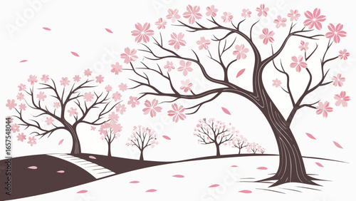 Vector art of a picturesque scene of cherry blossom trees with pink flowers, capturing the essence of spring