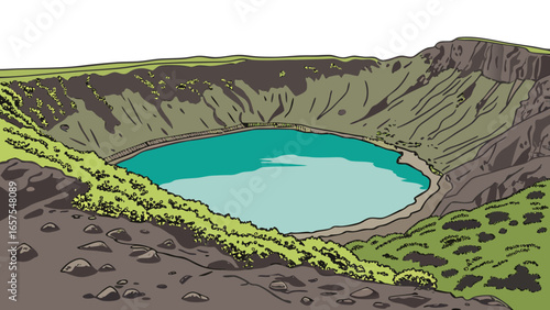Vector art of a scenic crater lake in iceland, surrounded by lush green vegetation and rocky terrain, a popular tourist destination