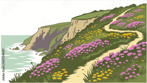 Vector art of a scenic illustration of a coastal path in cornwall, england, with cliffs, wildflowers, and the sea on a sunny summer day