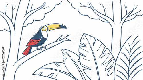 Vector art of a toucan perched on a branch amidst lush foliage and trees, a colorful illustration, a nature scene