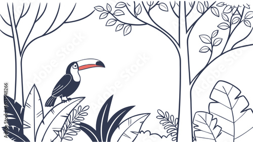 Vector art of a toucan perched amidst lush foliage and trees, a black and white illustration, a nature scene