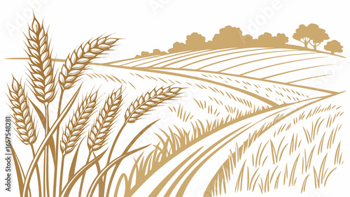 Vector art of a vector illustration of a wheat field landscape with trees in the background