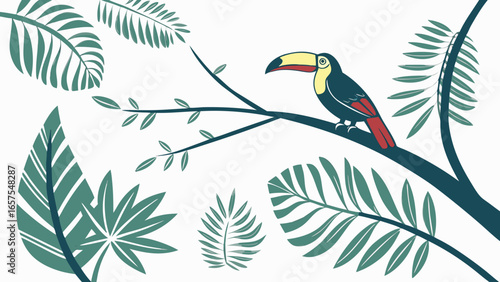 Vector art of a vibrant toucan perched on a branch surrounded by lush tropical foliage, a colorful and exotic scene