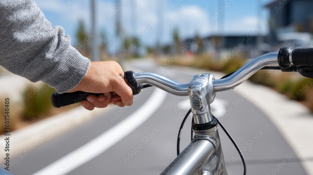 Obraz premium Close up of cyclist gripping handlebars while riding along a smooth pathway on a sunny day in an urban environment
