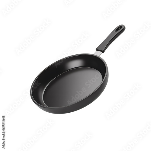 Black nonstick frying pan with handle on transparent background, kitchen cookware item