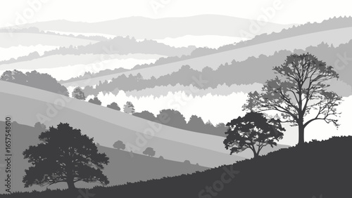 Vector art of majestic mountain landscape with trees in silhouette, enveloped in fog, showcasing the serene beauty of natures panorama