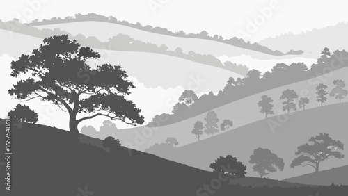 Vector art of monochrome landscape with tree silhouette on hill and mountain range in the background