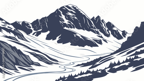 Vector art of mountain landscape with snow peaks and a winding road, , showcasing the beauty of nature and winter scenery
